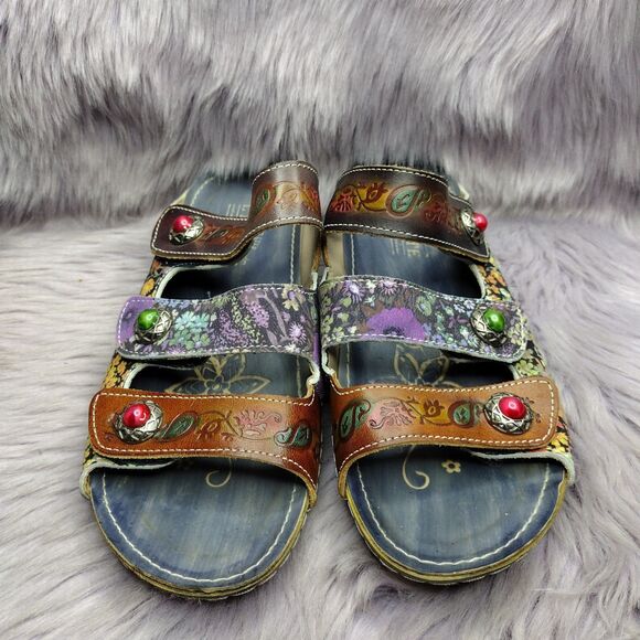 L'Artiste Spring Step Leather Sandals Womens Sz 39/ 8.5 Floral Castlewalk Wedge - Picture 3 of 7